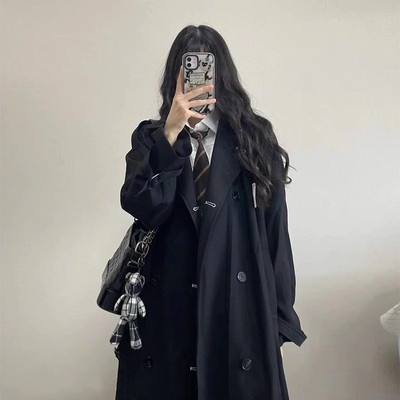 taobao agent Black autumn trench coat, long jacket, suitable for teen, mid-length, British style