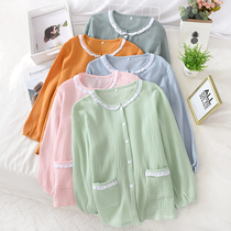 Spring and autumn single piece pajamas womens top summer thin cotton double-layer gauze collarless long sleeve cardigan air conditioning loungewear