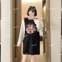  Maternity clothes 2021 autumn new sports style contrast color stitching bear dress mid-length spring and autumn clothes go out