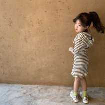2022 Spring new Korean version of girl sashimi elastic ocean qi Lianhood striped sweatshirt dress child trendy dress