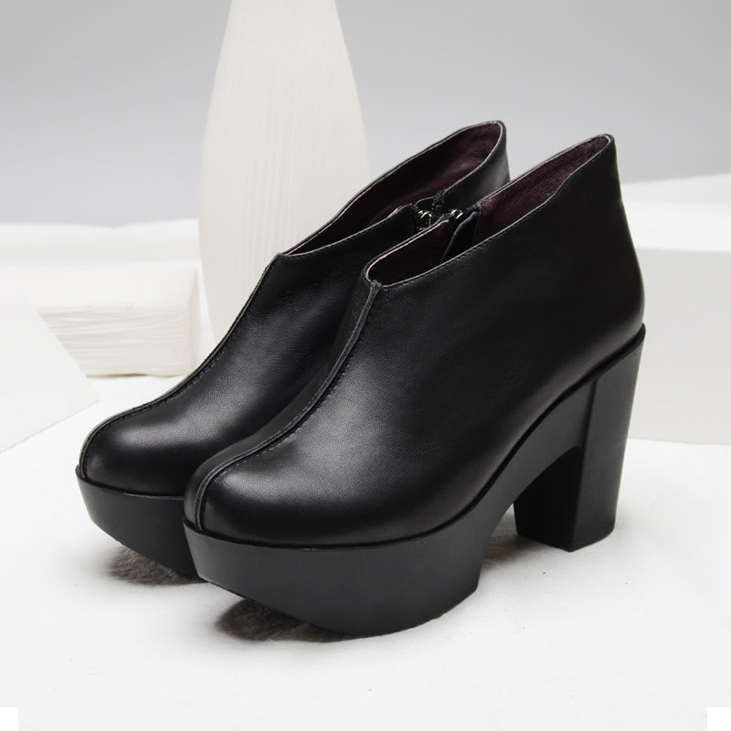 一席之地女鞋防水台高跟鞋女2023年新款不累脚全牛皮粗跟厚底单鞋