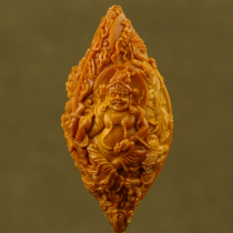 Pure hand carving "five-color god of wealth" Zhoushan olive walnut carving new single seed literary play collection ZQZSHH
