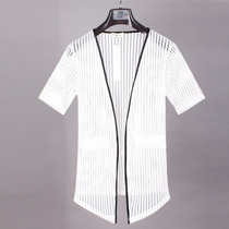 Summer mens personality cardigan trend Korean short-sleeved cloak slim mid-length half-sleeved shirt thin mesh jacket