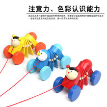 Childrens wooden cartoon animal draw rope Caterpillar pull line toy baby dragging toddler early education puzzle 1-3 years old