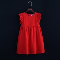 2022 summer clothes new girl dress with dress children small flying sleeves red cotton numb baby princess skirt European and American air tide