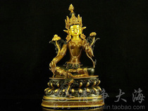 Nepal Buddha statue pure copper gilt painted double lotus platform green mother Doro Bodhisattva 1 2 feet 35cm