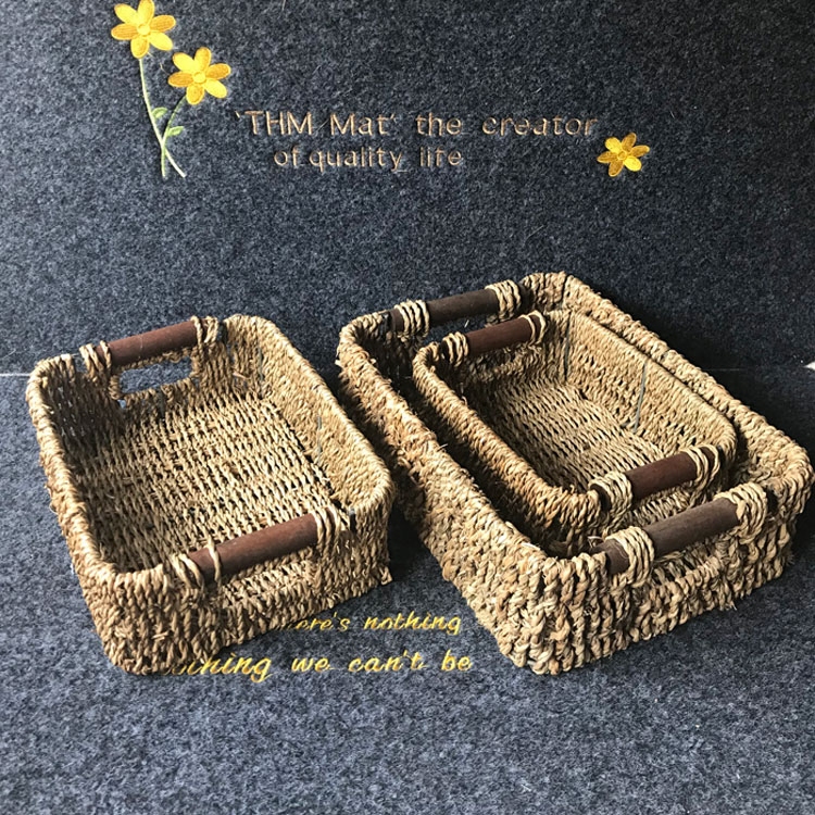 Bamboo and rattan preparation storage basket grass rattan basket bamboo basket storage basket tabletop fabric cosmetics debris finishing basket storage box