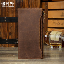  Mantime Crazy horse leather handmade wallet Mens long first layer cowhide mobile phone bag retro leather wallet card holder