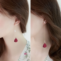 s925 sterling silver stud earrings femininity red earrings Korean personality wild simple pearl ear line long section hypoallergenic