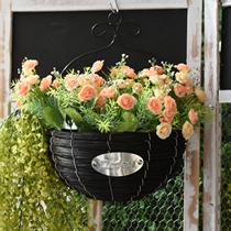 Iron wall-mounted rattan flower basket retro woven hanging basket creative home wall flower pot Green loam pendant flower stand