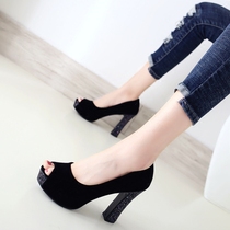 Large size fish mouth shoes black single shoes women 2020 spring and summer New all waterproof table high heel thick heel sandals