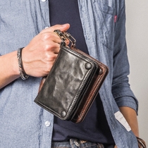 Leather wallet mens short vertical multi-function drivers license card bag mens handmade retro trendy brand sheepskin zipper