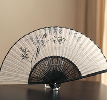 Moon fan Exquisite high-grade female fan Chinese style bamboo handle silk folding fan Summer daily fan Photography props bamboo forest