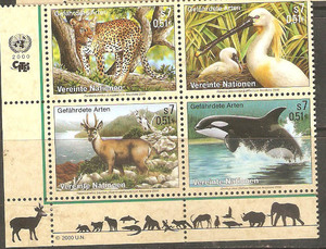 维也纳联合国 2001 野生动物：豹，鲸等 4联全MNH PD4-20