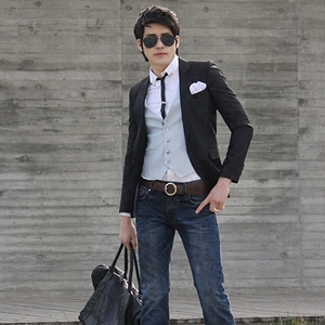 韩国代购 男装韩版薄款外套绅士气质抗皱潮流男士西装上衣修身