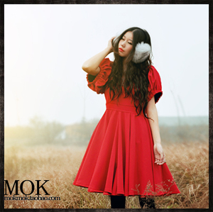 麦子原创女装+温暖厚针织韩版可爱复古大红色连衣裙
