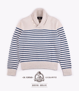 【现货】RRL 经典老式海军风格 复古青果领棉麻混纺条纹针织毛衣