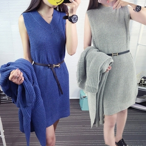 韩版背心裙中长款宽松开衫两件套针织衫女装外套毛衣秋季新款套装