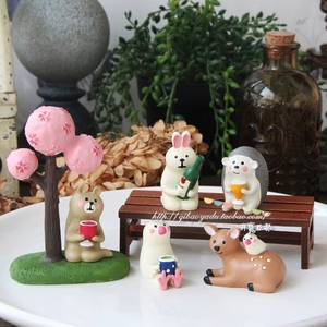 日本Decole Zakka树脂樱花系列小兔小熊小鹿刺猬公仔摆件五件包邮