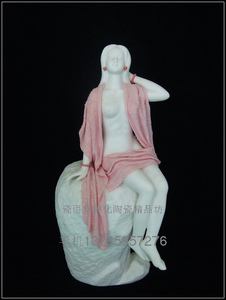 瓷语堂/德化陶瓷美仕女雕刻艺术品现代人物白瓷器摆设彩海边少女