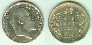 印度 银元 1卢比 1905年 英国王爱德华七世，11克 银币 31mm