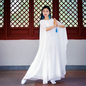 禅舞服装女白色仙女连衣裙二件套中国风茶服文艺复古宽松大码长裙