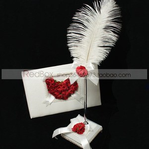 RedBox婚礼用品 签到本 婚庆 爱心红色玫瑰结婚签名册 羽毛笔座