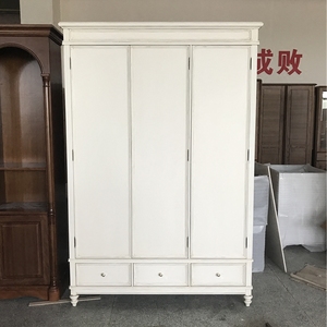 美式田园乡村白色做旧实木衣柜 简约北欧复古三开门衣橱储物柜子