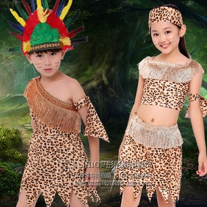 儿童猎人豹纹非洲鼓野人印第安原始人舞蹈服大王叫我来巡山演出服