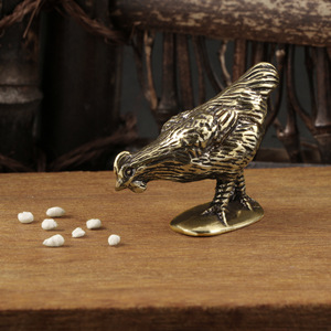 纯黄铜手工匠复古法作旧典藏国风艺术公鸡摆件趣小鸡啄米茶宠生肖