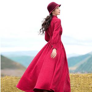 小众高货法式秋冬装新款播喜复古红色衬衫连衣裙灯芯绒风衣式修身