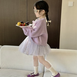 2024春季新款韩版女童装粉紫色可爱开衫甜美毛衣外套网纱半裙套装