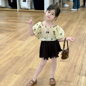 2024夏季新款童装 韩版童装 女童甜美花朵短袖上衣+短裤2件套套装