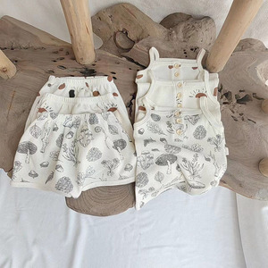 婴幼童夏季吊带短裤两件套印花睡衣套装北欧风华夫格婴儿衣服