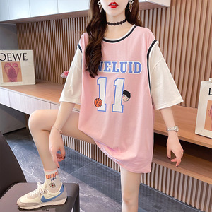 2023新款夏季韩版拼接假两件篮球服中长款短袖t恤女大码班服队服