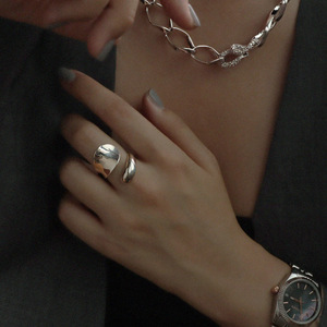 欧美时尚气质金色扇形戒指女日韩风光面百搭开口个性纯银素圈配饰