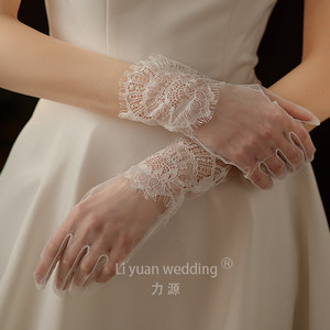G9907新娘婚纱礼服手套淡乳白色高透薄纱贴蕾丝花片短款手套
