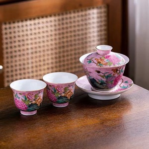 粉彩珐琅彩仿古掐丝牡丹花开富贵三才盖碗陶瓷家用公泡茶器