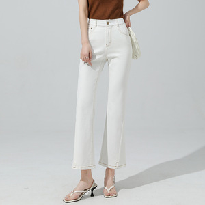 宝薇女装2024年夏季新款米白色牛仔微喇裤小个子腰显瘦薄款喇叭裤