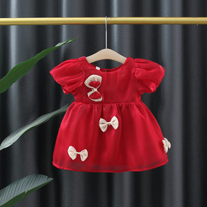 1-3岁女宝宝公主裙夏装2女童短袖连衣裙婴儿周岁生日红色礼服裙子