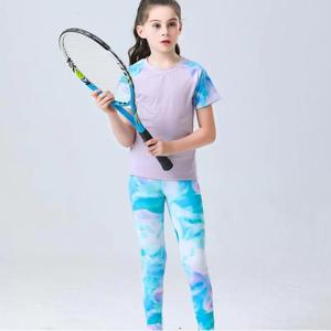 小轻风夏薄款女孩儿童撞花色短袖瑜伽服套装网球运动衣健身裤速干