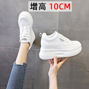 香港内增高10cm真皮女鞋新款休闲厚底松糕跟坡跟加绒小白女鞋子