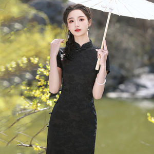 黑色改良旗袍连衣裙夏季新款修身气质中长款平时可穿宴会礼服裙