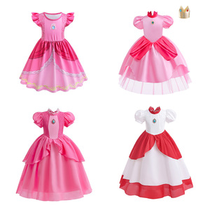 女童超级玛丽马里奥碧琪公主裙cosplay游戏服装粉色桃子Peach长裙