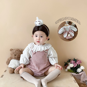 婴儿衣服秋款套装女宝长袖娃娃领上衣可爱兔子耳朵背带哈衣两件套